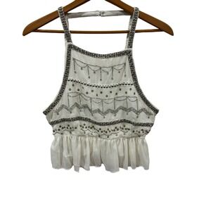 Free People Beaded Embellished Halter Crop Top Ivory Boho Ruffle Small